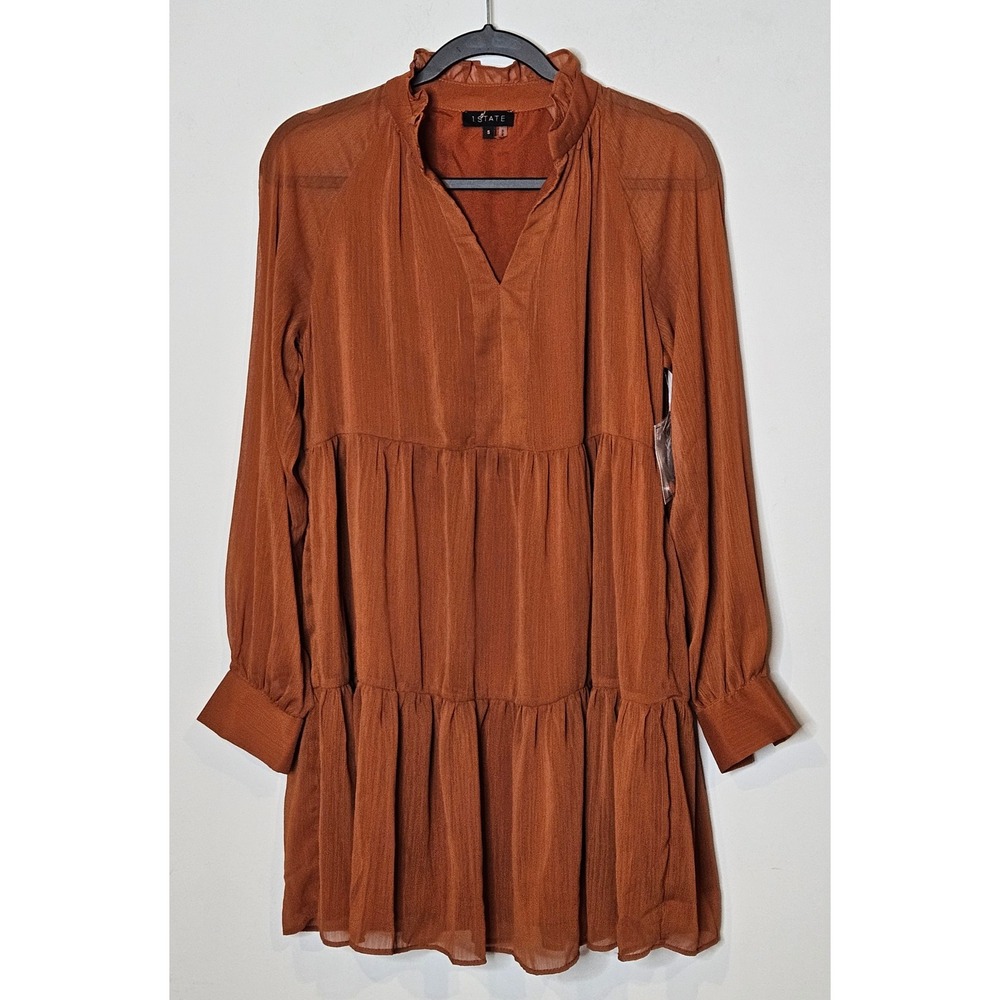 1.State NEW Chiffon Babydoll Womens S Long Sleeve Ruffle Mini Orange Dress
